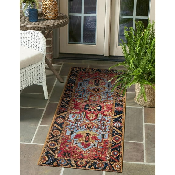 Unique Loom Outdoor Traditional Collection Area Rug - Regal (2' x 5' 1" Runner Rust Red and Blue/Yellow)