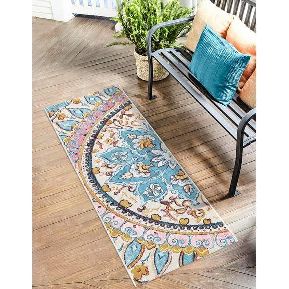 Unique Loom Outdoor Traditional Collection Area Rug - Heritage (2' x 6' 1" Runner Multi/Blue)