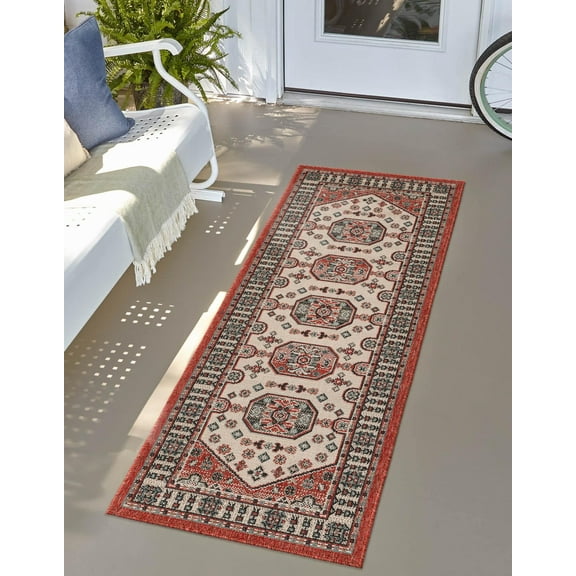 Unique Loom Outdoor Traditional Collection Area Rug - Gilded (2' x 6' 1" Runner Multi/Red)