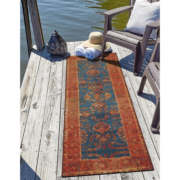 Unique Loom Outdoor Traditional Collection Area Rug - Legacy (2' x 6' 1" Runner Navy Blue/Brown)
