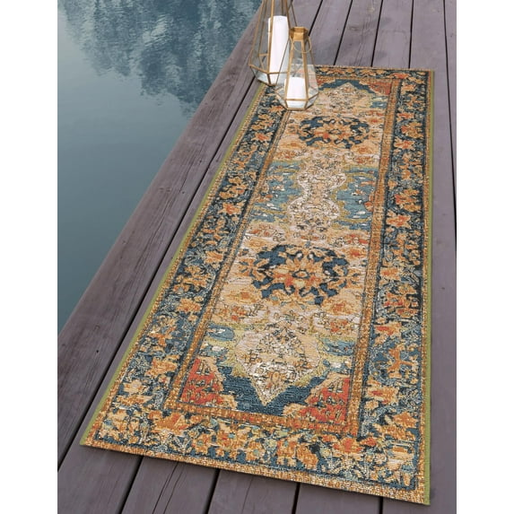 Unique Loom Outdoor Traditional Collection Area Rug - Antiquity (2' x 6' 1" Runner Navy Blue and Rust Red/Navy Blue)