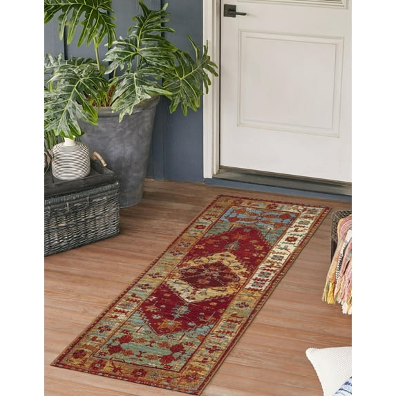 Unique Loom Outdoor Traditional Collection Area Rug - Vinatge (2' x 6' 1" Runner Red Green Blue/Ivory)