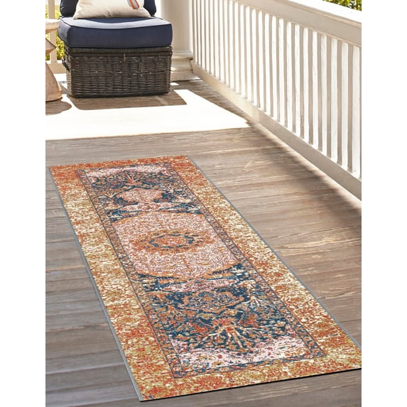 Unique Loom Outdoor Traditional Collection Area Rug - Timeless (2' x 8' Runner Navy Blue and Light Pink/Gold)
