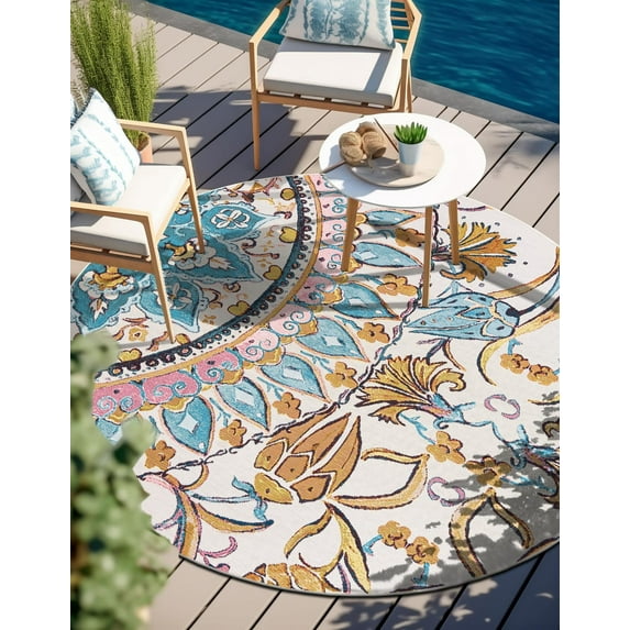 Unique Loom Outdoor Traditional Collection Area Rug - Heritage (3' 1" Round Multi/Blue)