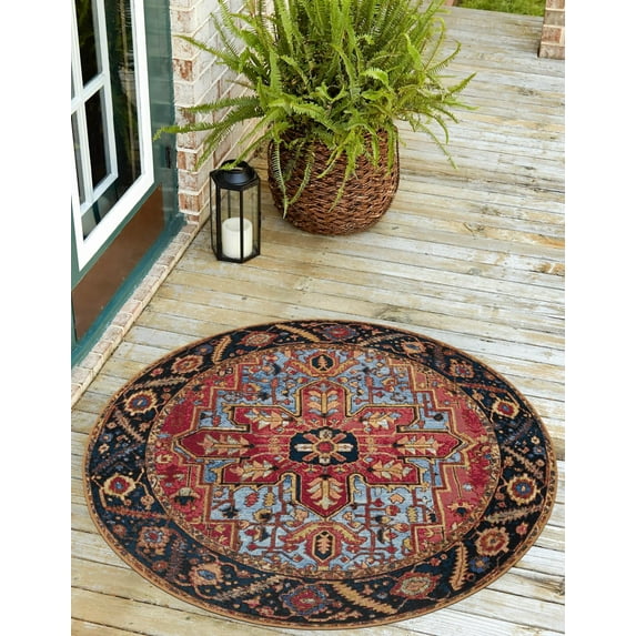 Unique Loom Outdoor Traditional Collection Area Rug - Regal (3' 1" Round Rust Red and Blue/Yellow)