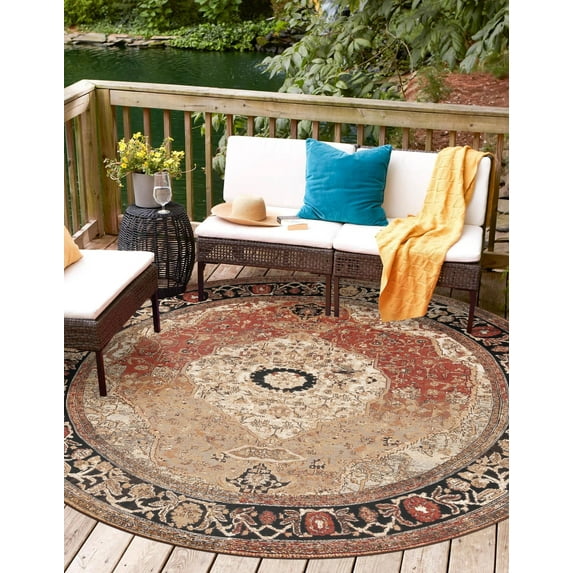 Unique Loom Outdoor Traditional Collection Area Rug - Olde (4' 1" Round Multi/Beige)