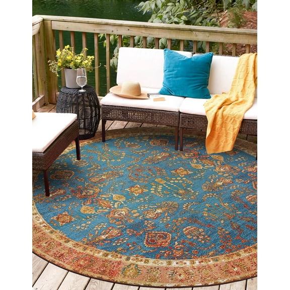 Unique Loom Outdoor Traditional Collection Area Rug - Legacy (4' 1" Round Navy Blue/Brown)