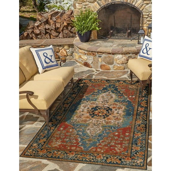 Unique Loom Outdoor Traditional Collection Area Rug - Antiquity (4' 1" x 6' 1" Rectangle Navy Blue and Rust Red/Navy Blue)