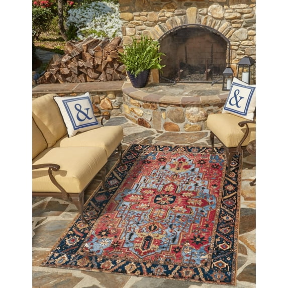 Unique Loom Outdoor Traditional Collection Area Rug - Regal (4' 1" x 6' 1" Rectangle Rust Red and Blue/Yellow)