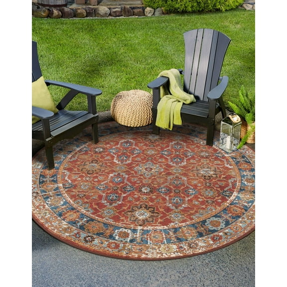 Unique Loom Outdoor Traditional Collection Area Rug - Era (5' 1" Round Antique Red/Blue)