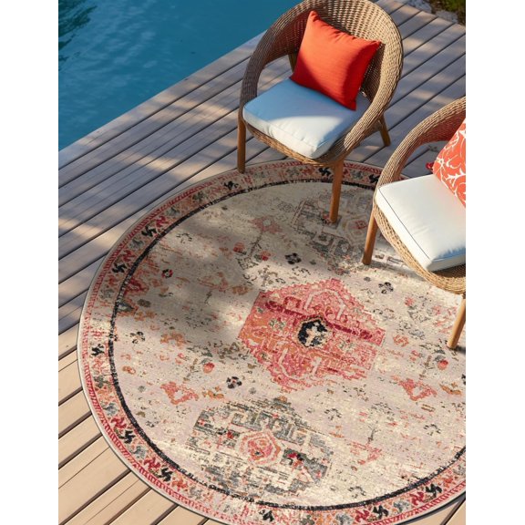 Unique Loom Outdoor Traditional Collection Area Rug - Manor (5' 1" Round Multi/Beige)