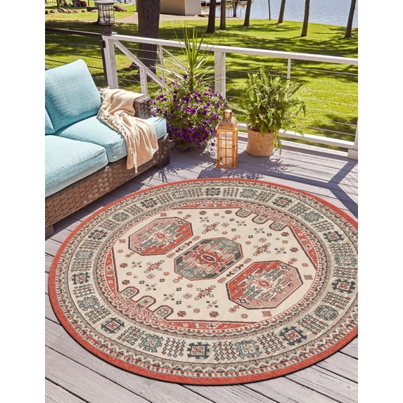 Unique Loom Outdoor Traditional Collection Area Rug - Gilded (5' 1" Round Multi/Red)