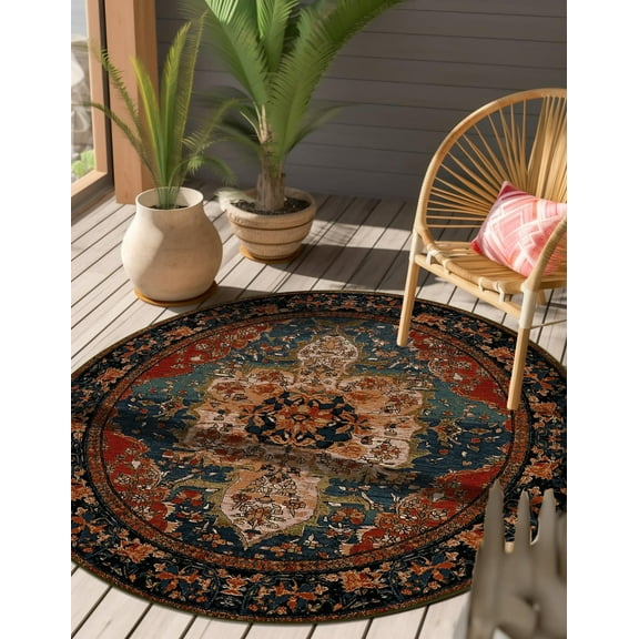 Unique Loom Outdoor Traditional Collection Area Rug - Antiquity (5' 1" Round Navy Blue and Rust Red/Navy Blue)