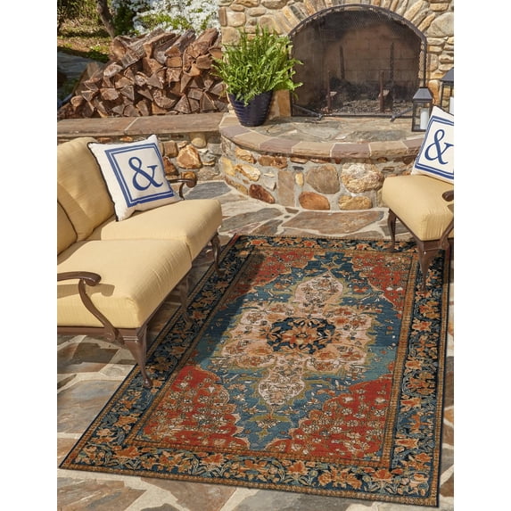 Unique Loom Outdoor Traditional Collection Area Rug - Antiquity (5' 1" x 7' 1" Rectangle Navy Blue and Rust Red/Navy Blue)