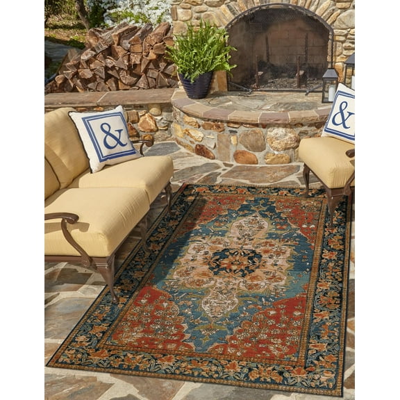 Unique Loom Outdoor Traditional Collection Area Rug - Antiquity (5' 1" x 7' 1" Rectangle Navy Blue and Rust Red/Navy Blue)