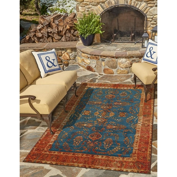 Unique Loom Outdoor Traditional Collection Area Rug - Legacy (5' 3" x 8' Rectangle Navy Blue/Brown)