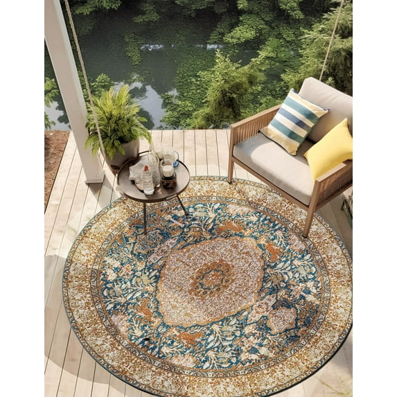 Unique Loom Outdoor Traditional Collection Area Rug - Timeless (7' 10" Round Navy Blue and Light Pink/Gold)