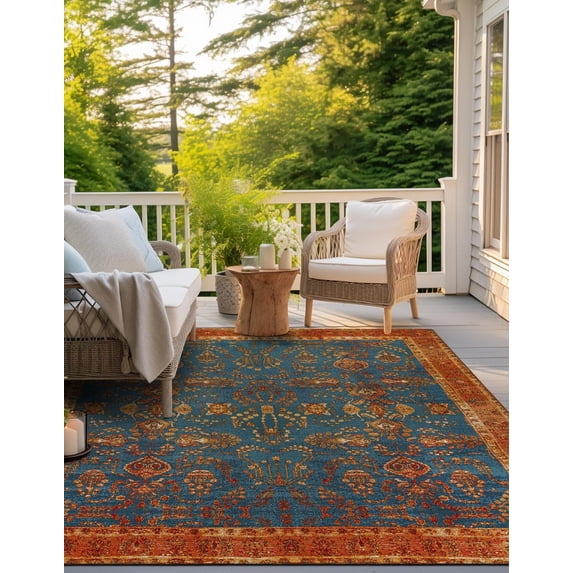 Unique Loom Outdoor Traditional Collection Area Rug - Legacy (7' 10" Square Navy Blue/Brown)