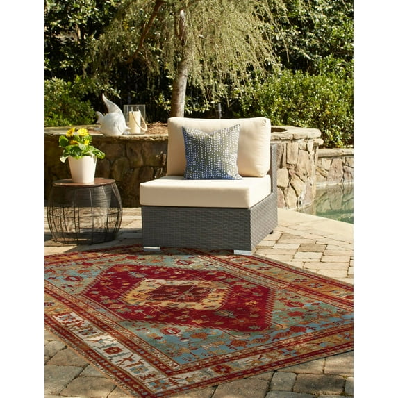 Unique Loom Outdoor Traditional Collection Area Rug - Vinatge (7' 10" x 10' Rectangle Red Green Blue/Ivory)