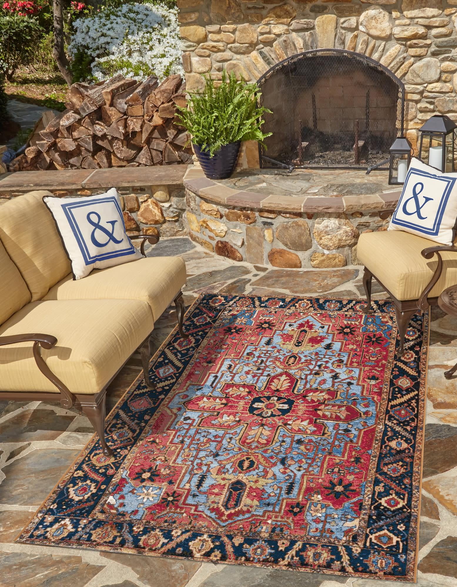 Rust Red and Blue Synthetic Outdoor Rectangular Rug 8' x 10'