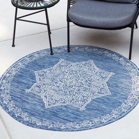 Unique Loom Outdoor Traditional Collection Area Rug - Antique (10' Round Blue/Ivory)