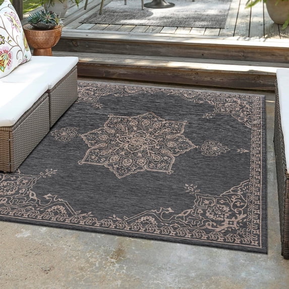 Unique Loom Outdoor Traditional Collection Area Rug - Antique (10' Square Charcoal Gray/Natural)