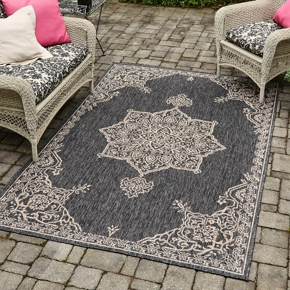 Unique Loom Outdoor Traditional Collection Area Rug - Antique (2' x 3' 1" Rectangle Charcoal Gray/Natural)