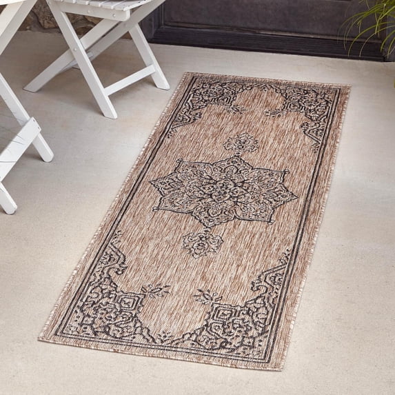 Unique Loom Outdoor Traditional Collection Area Rug - Antique (2' x 6' 1" Runner Beige/Black)