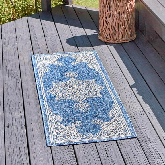 Unique Loom Outdoor Traditional Collection Area Rug - Antique (2' x 6' 1" Runner Blue/Ivory)