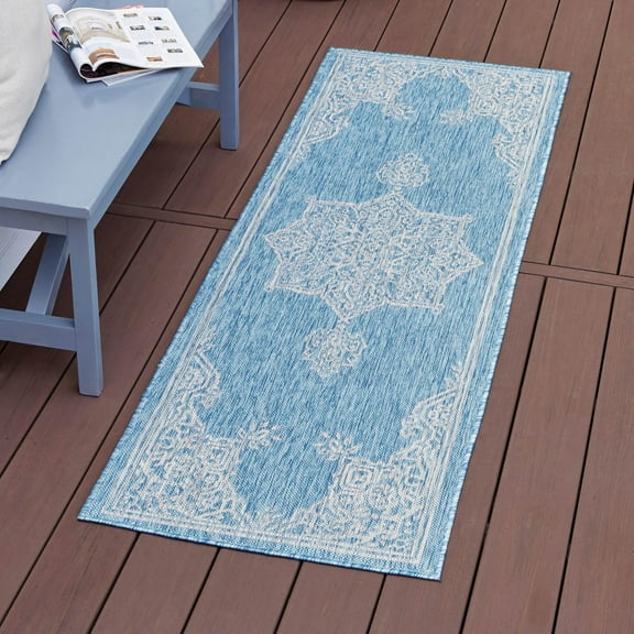 Unique Loom Outdoor Traditional Collection Area Rug - Antique (2' x 6' 1" Runner Light Aqua/Gray)