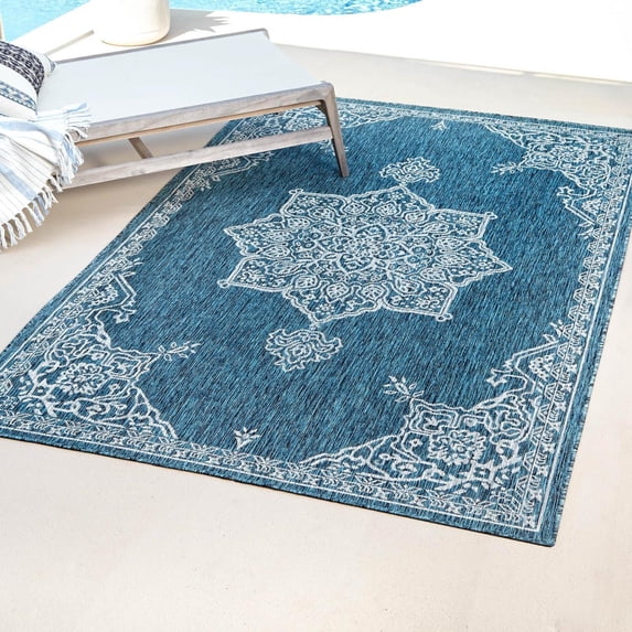 Unique Loom Outdoor Traditional Collection Area Rug - Antique (4' 1" x 6' 1" Rectangle Teal/Ivory)