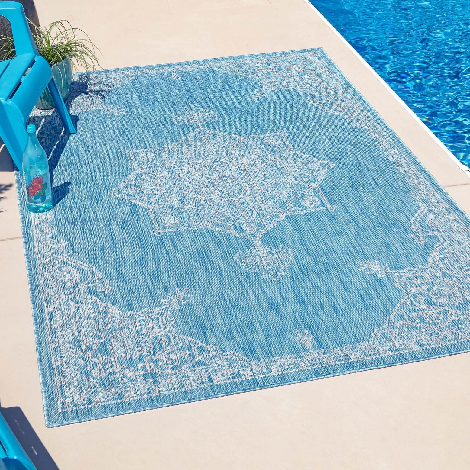 Aqua Blue Rectangular Synthetic Outdoor Area Rug