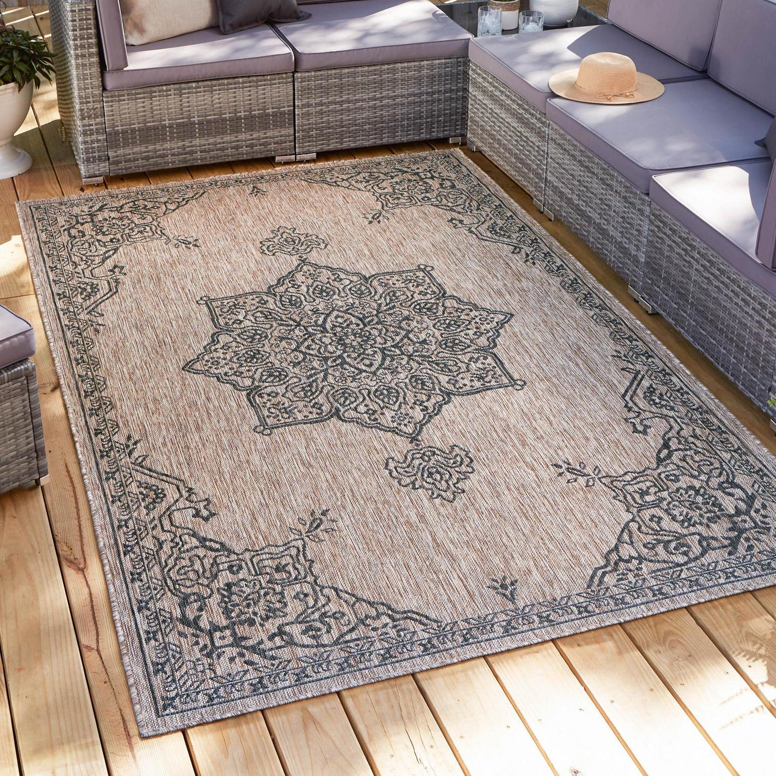 Beige Rectangular Stain-Resistant Outdoor Rug, 7' x 10'