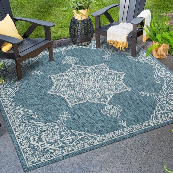 Unique Loom Outdoor Traditional Collection Area Rug - Antique (7' 10" Square Teal/Ivory)