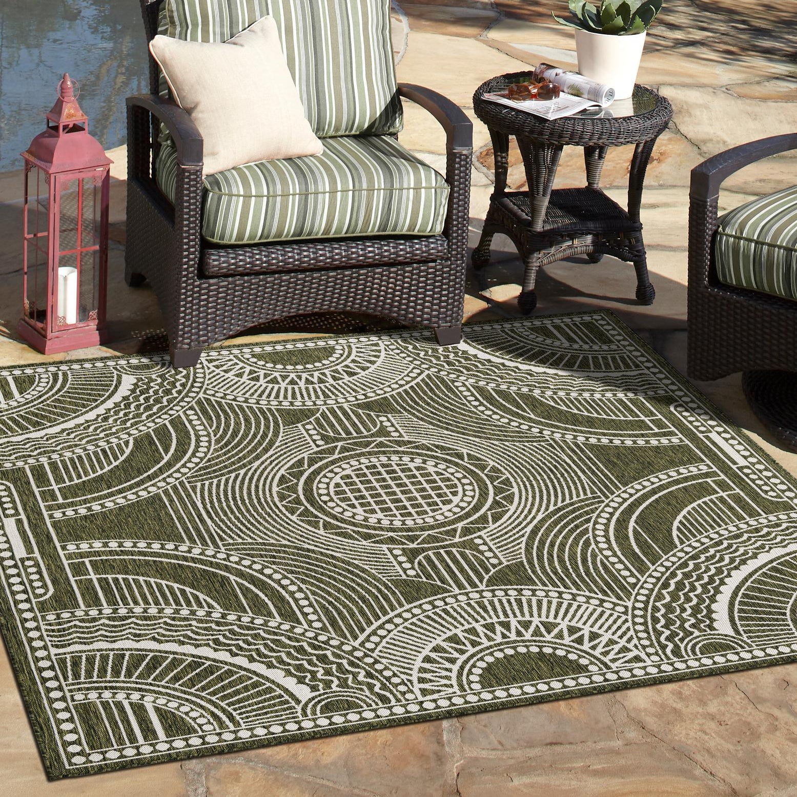 Unique Loom Outdoor Traditional Collection Area Rug - Deco (10' Square Green/Ivory)