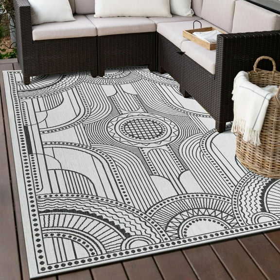 Unique Loom Outdoor Traditional Collection Area Rug - Deco (2' x 3' 1" Rectangle White and Black)