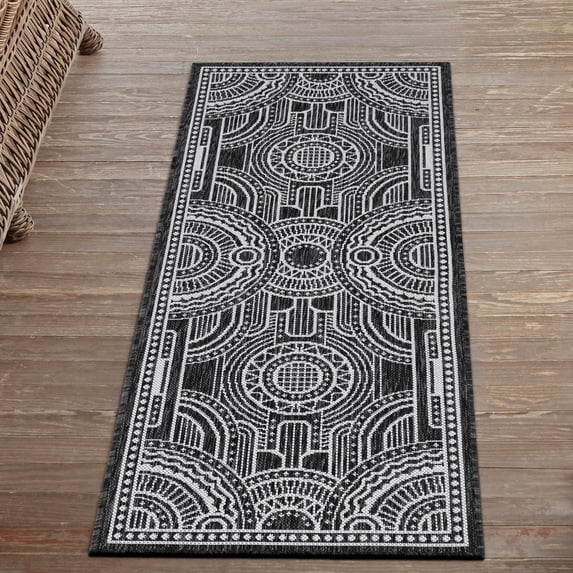 Unique Loom Outdoor Traditional Collection Area Rug - Deco (2' x 6' 1" Runner Black and White)