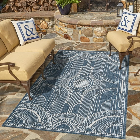 Unique Loom Outdoor Traditional Collection Area Rug - Deco (5' 3" x 8' Rectangle Blue/Ivory)