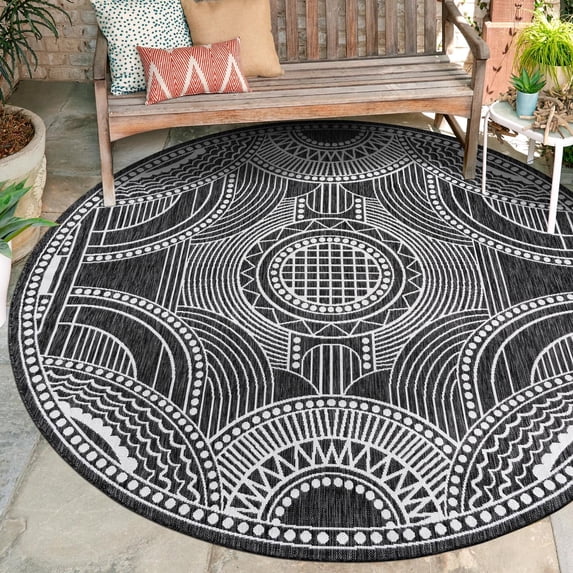 Unique Loom Outdoor Traditional Collection Area Rug - Deco (6' 1" Round Black and White)