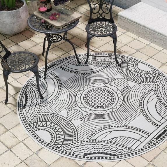 Unique Loom Outdoor Traditional Collection Area Rug - Deco (7' 10" Round White and Black)