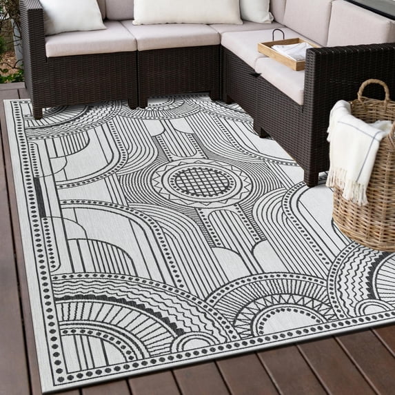 Unique Loom Outdoor Traditional Collection Area Rug - Deco (7' 10" x 10' Rectangle White and Black)
