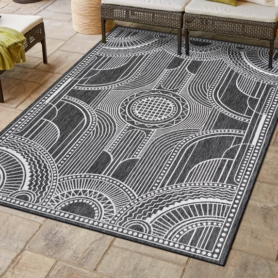 Unique Loom Outdoor Traditional Collection Area Rug - Deco (9' x 12' Rectangle Black and White)
