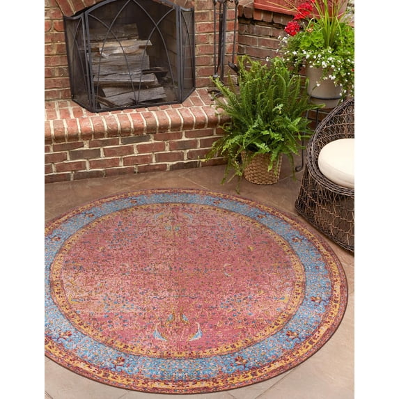 Unique Loom Outdoor Traditional Collection Area Rug - Fortitude (7' 10" Round Vintage Salmon Coral/Beige)