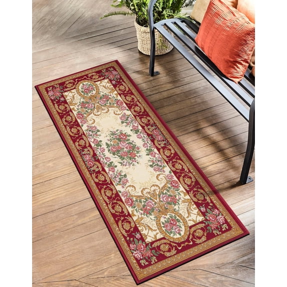 Unique Loom Outdoor Traditional Collection Area Rug - Palazzo (2' x 8' Runner Burgundy Red and Ivory/Gold)