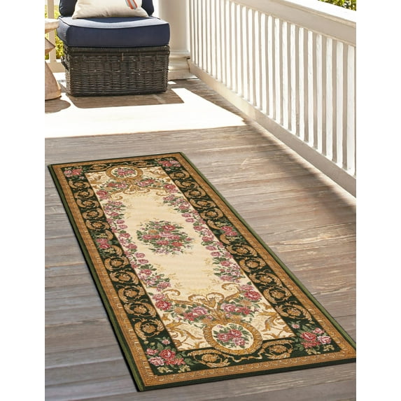 Unique Loom Outdoor Traditional Collection Area Rug - Palazzo (2' x 8' Runner Green and Ivory/Ivory)