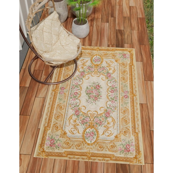 Unique Loom Outdoor Traditional Collection Area Rug - Palazzo (4' 1" x 6' 1" Rectangle Ivory and Beige/Gold)