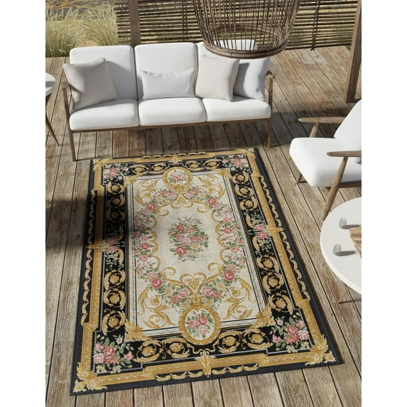 Unique Loom Outdoor Traditional Collection Area Rug - Palazzo (5' 1" x 8' Rectangle Black and Ivory/Green)