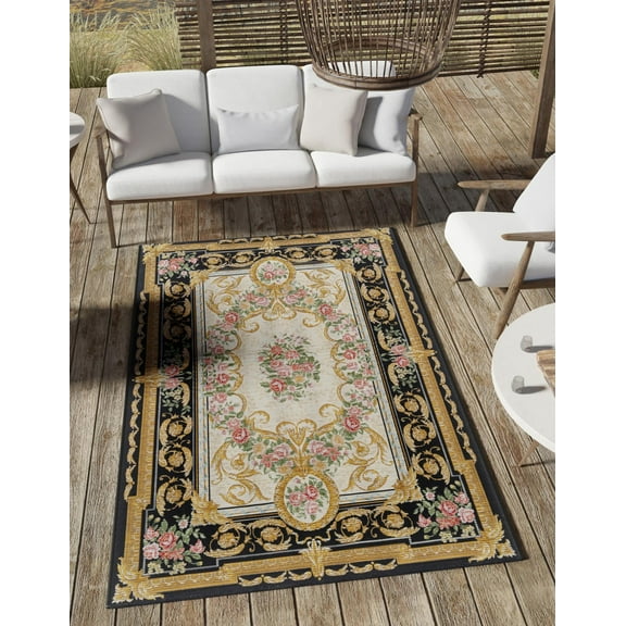 Unique Loom Outdoor Traditional Collection Area Rug - Palazzo (5' 1" x 8' Rectangle Black and Ivory/Green)