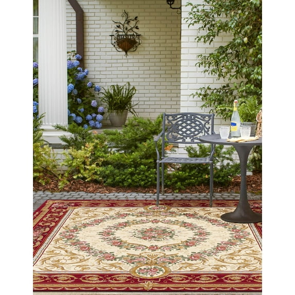 Unique Loom Outdoor Traditional Collection Area Rug - Palazzo (7' 10" Square Burgundy Red and Ivory/Gold)