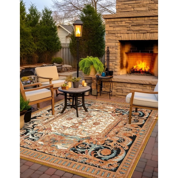 Unique Loom Outdoor Traditional Collection Area Rug - Royal (10' Square Black Gold Brown/Red)